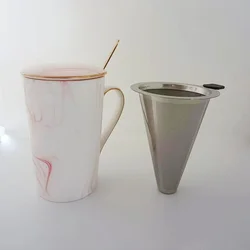 Marble Mug with Lid Coffee Spoon and Filter 12OZ Ceramic Cup for Cafe or Tea Choice Stainless Steel Strainer for Tea or Coffee
