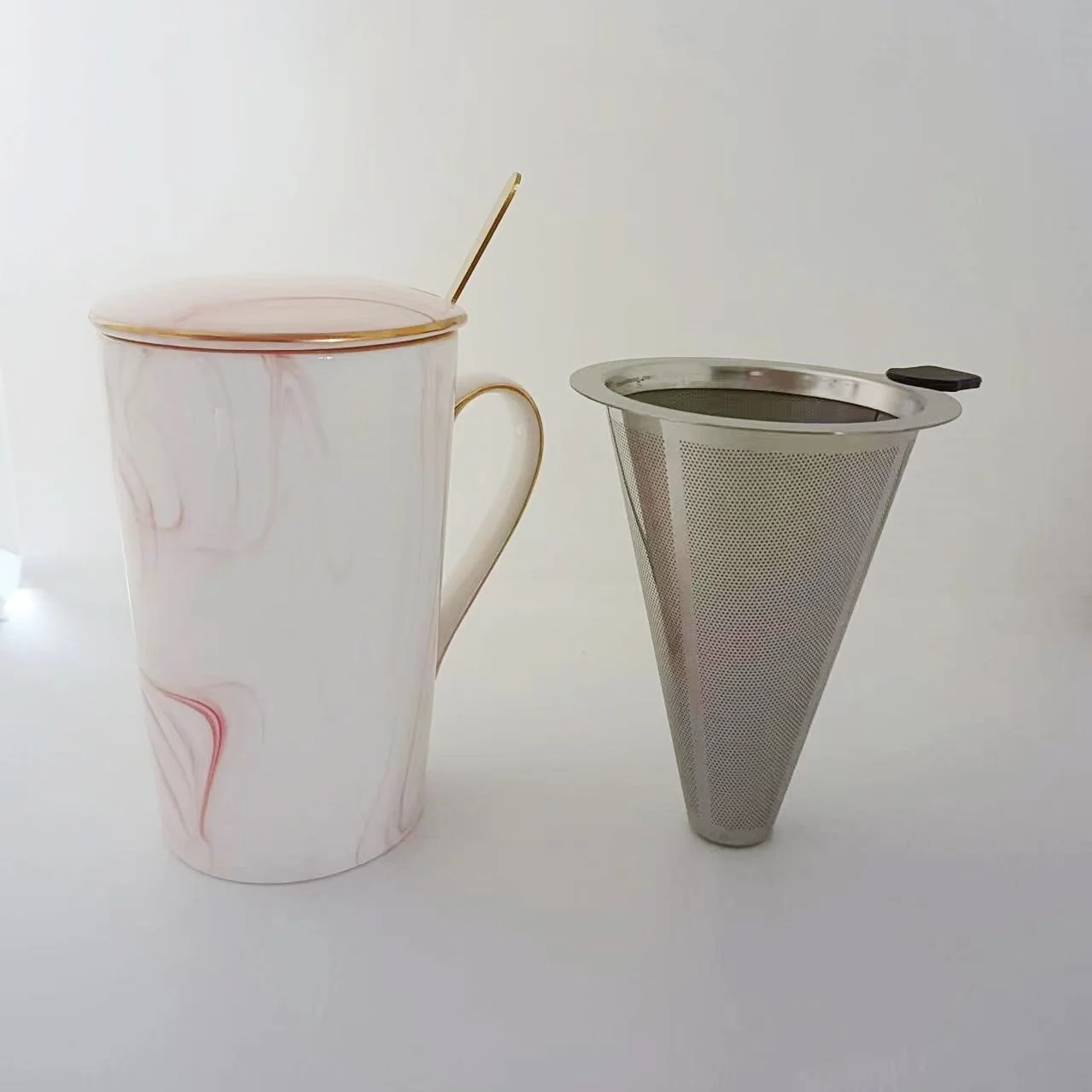 Marble Mug with Lid Coffee Spoon  and Filter 12OZ Ceramic Cup for Cafe or Tea Choice Stainless Steel Strainer for Tea or Coffee