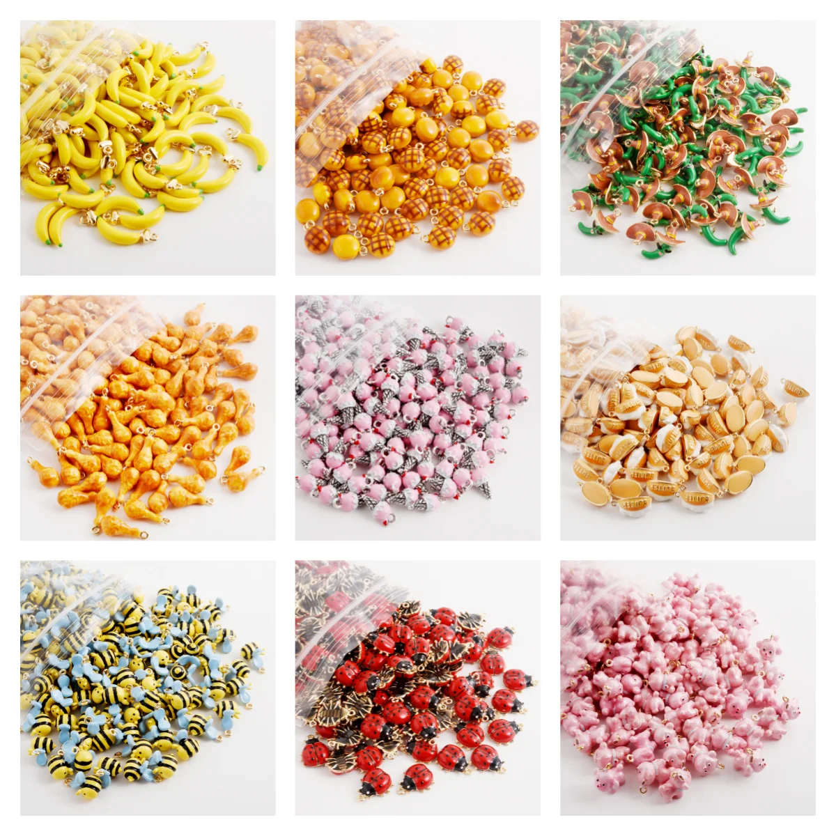 10 Uds. De Material de aleación, colgante de comida, pierna de pollo, pan, colgante simulado 3D, Mango Durian, cachorro rosa, colgantes de abeja amarilla