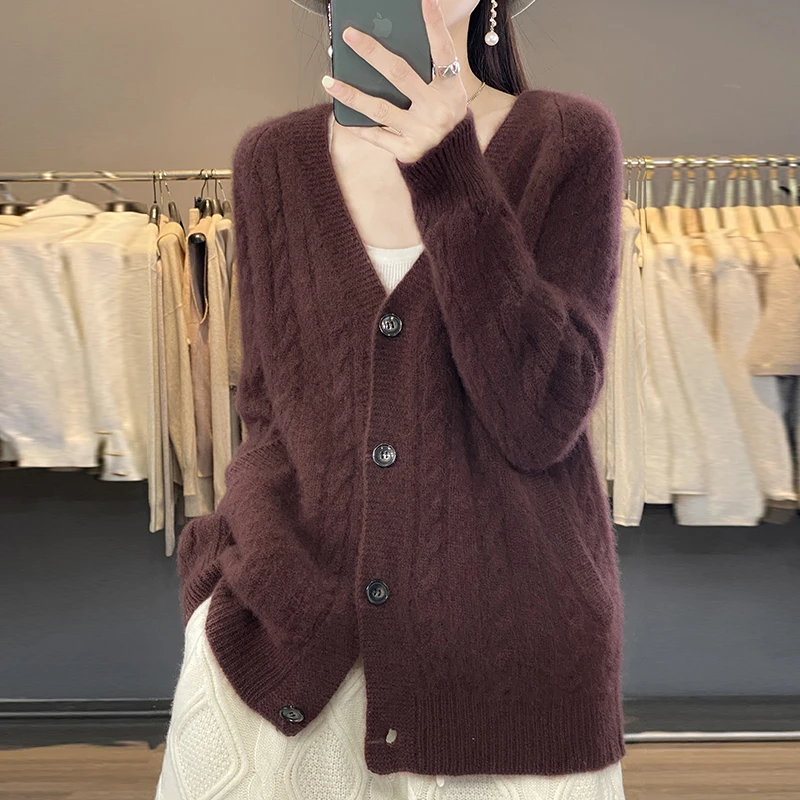 Women\'s sweater cardigan coat pure wool 2023 autumn and winter new V-neck twisted flower long sleeve high-end sweater