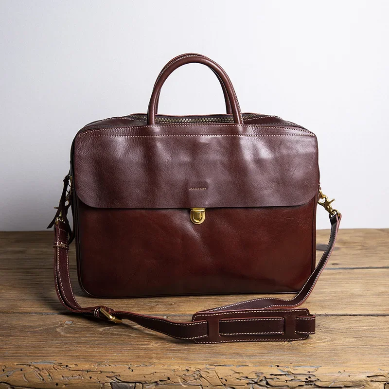 Marca de luxo bolsa de couro masculino retro 15 polegadas maleta cabeça saco computador negócios