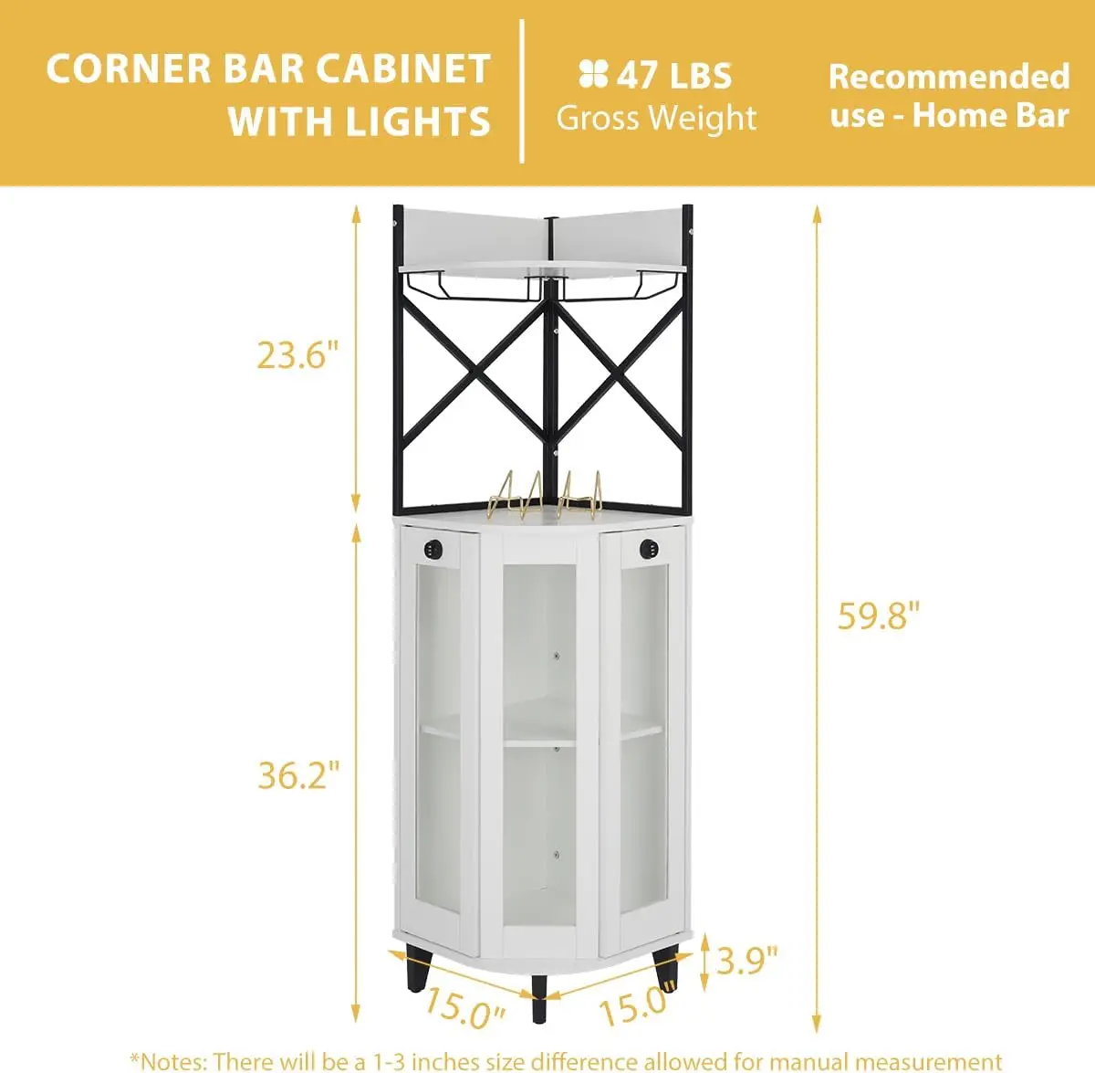 خزانة مشروبات مع باب زجاجي قابل للقفل، وإضاءة LED، ووحدة بار من 4 طبقات، وبار منزلي حديث للمزرعة، باللون الأبيض