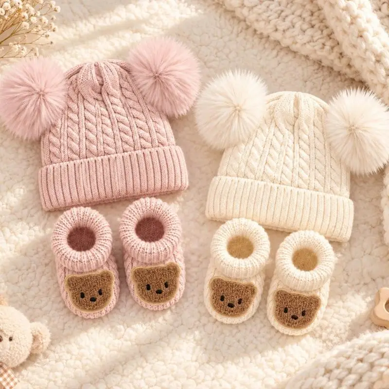 Cold-Weather Newborn Hat and Bootie Set with Soft Yarn Texture, Fold-Over Edges, and Coordinated Accents for Outings