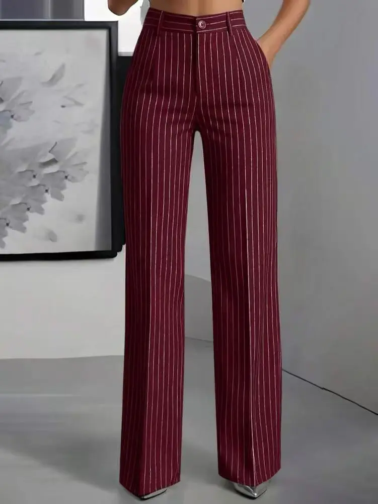 Women Fashion Pinstripe Wide Leg Pants High Waist Button Back Elastic Waist Pleated Front Elegant Office & Casual Trousers