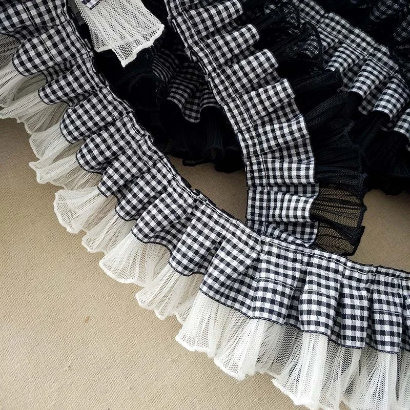 Cute Little Black Plaid Nastro di Garza Sgualcita Del Merletto di DIY Vestiti per Le Bambole Gonna Collo Polsini A Righe Della Fascia Accessori di