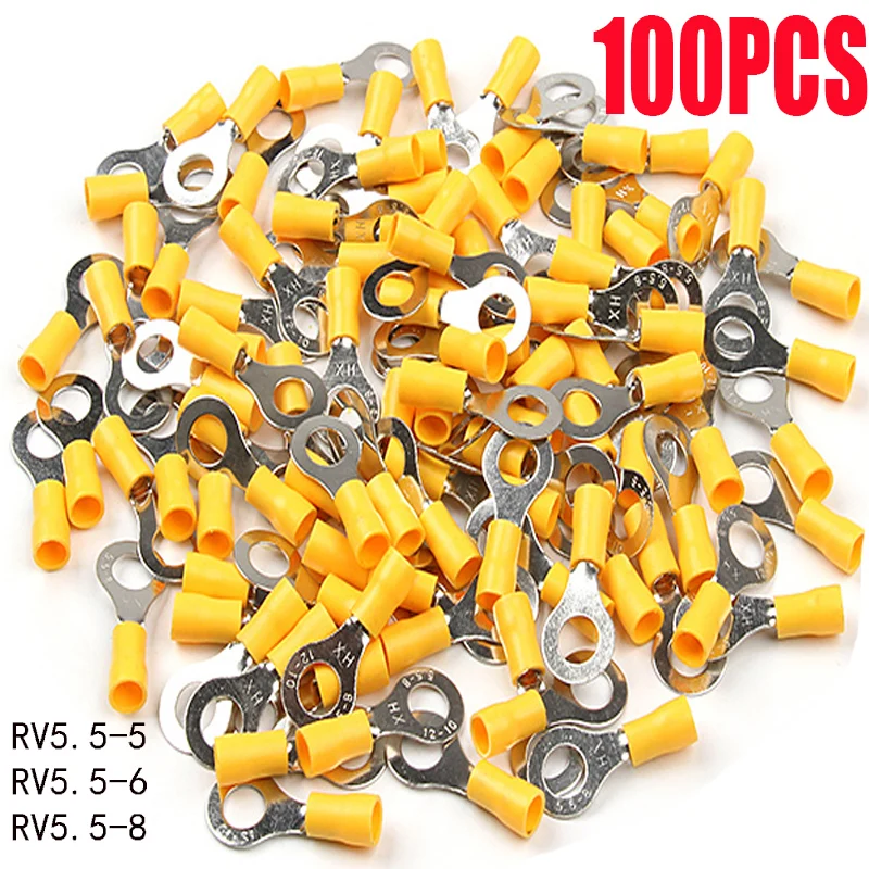 100pcs Insulated Ring Terminals Connector Wire Cable Electrical Crimp Connectors Terminal Block Yellow RV5.5-5 RV5.5-6 RV5.5-8