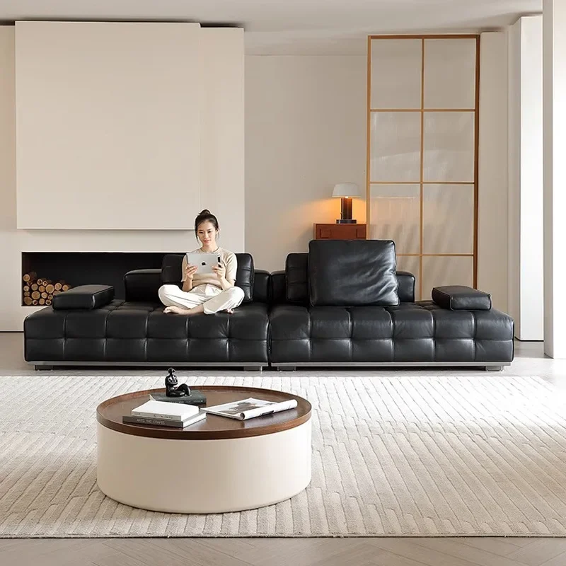 Leather sofa living room, high-end villa straight-row sofa, Italian minimalist, first-layer cowhide sofa black