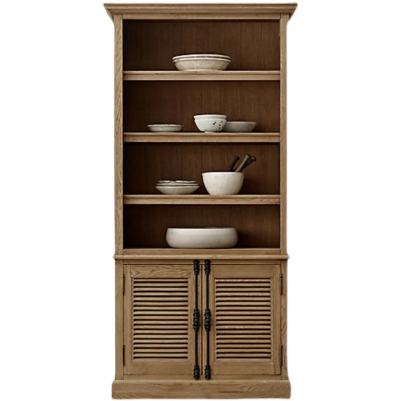 

American style rural solid wood bookshelf French retro vintage carved oak storage display cabinet villa style furniture