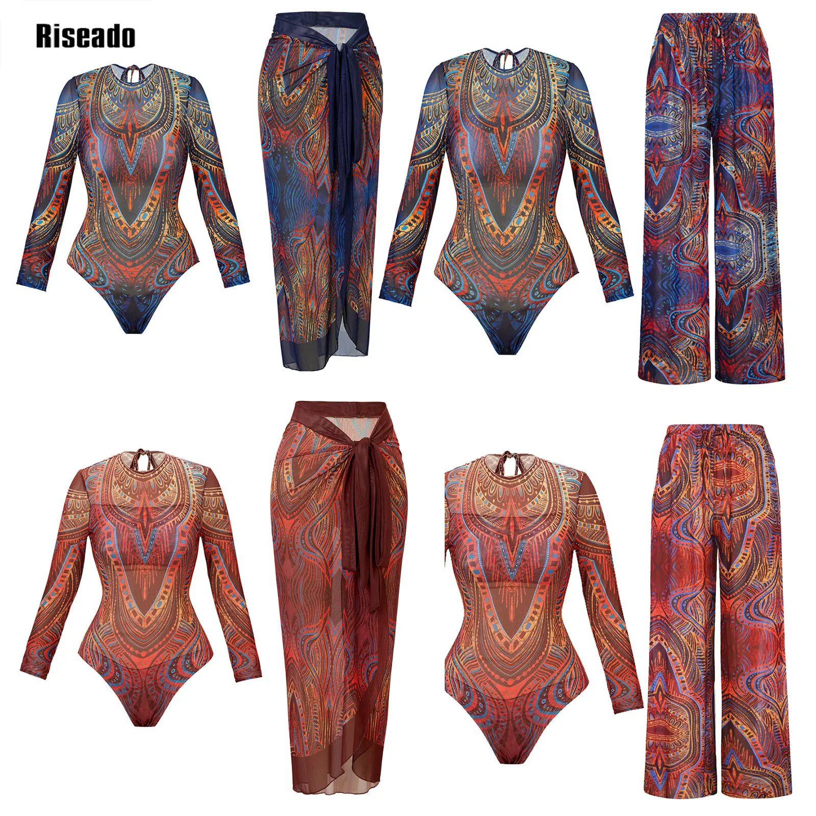 Mesh Swimsuit with Long Swimdress Long Sleeve Mesh Beachwear Sexy High Waist Bathing Suit with Skirt Smart Beach Clothing