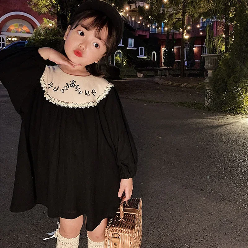 

Baby Vintage Girls Cotton Children Clothing Little Girl Princess Dresses 2-7 Years Long Sleeve Dress Embroidered Linen Floral