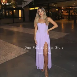 Qanz Lilac Prom Dresses Long A Line High Slit Chiffon Evening Dresses Strapless Vestidos Para Eventos Especiales Customized
