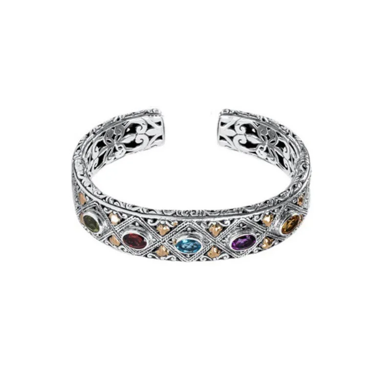 925 Silver Luxury Inlaid Colored Gemstone Bracelet Fashionable Wedding Fine Couple Bangles Jewelry Gift for Girlfriend