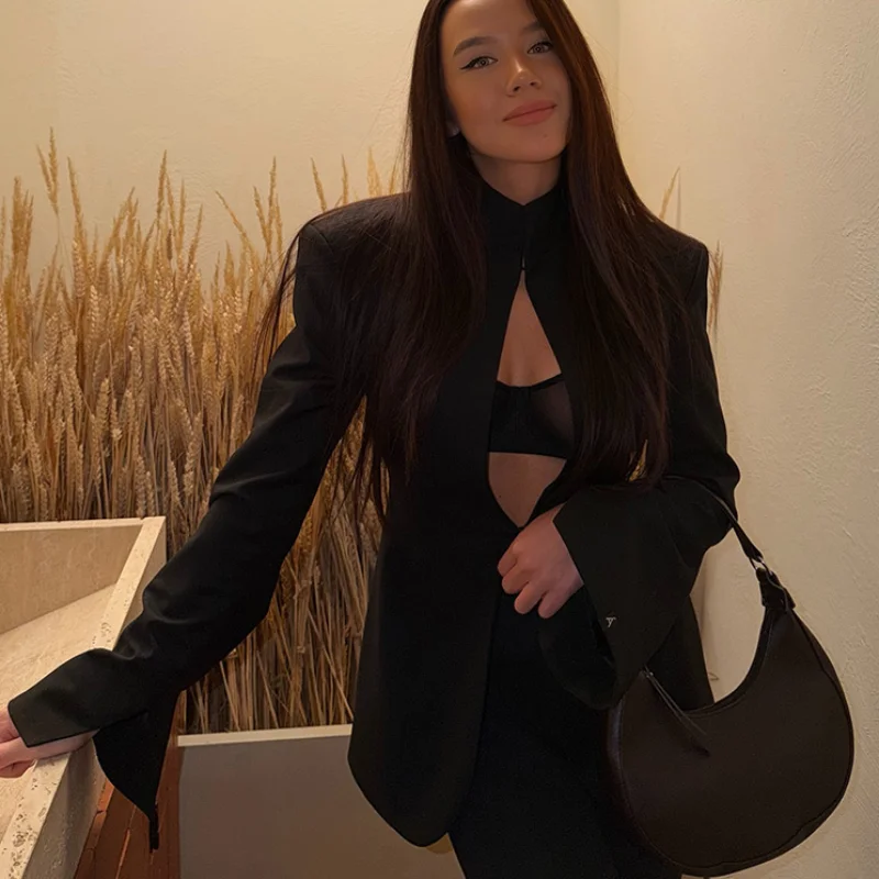 

Chic Black Suit Pants Set Sexy Hollowed Long Sleeved Stand Collar Suit Jacket Casual Loose Wide Leg Pants New Commuting Outfit
