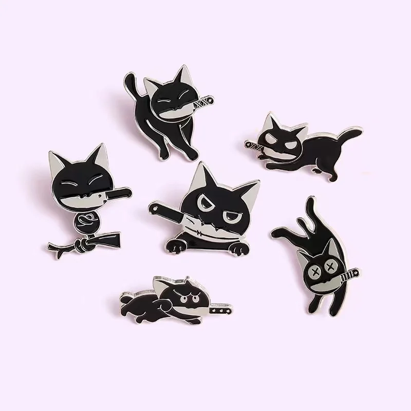 Custom Angry Animal Black Cat and Knife Enamel Needle Special Design Brooch Lapel Cartoon Pin Jewelry Gifts for Friend Wholesale