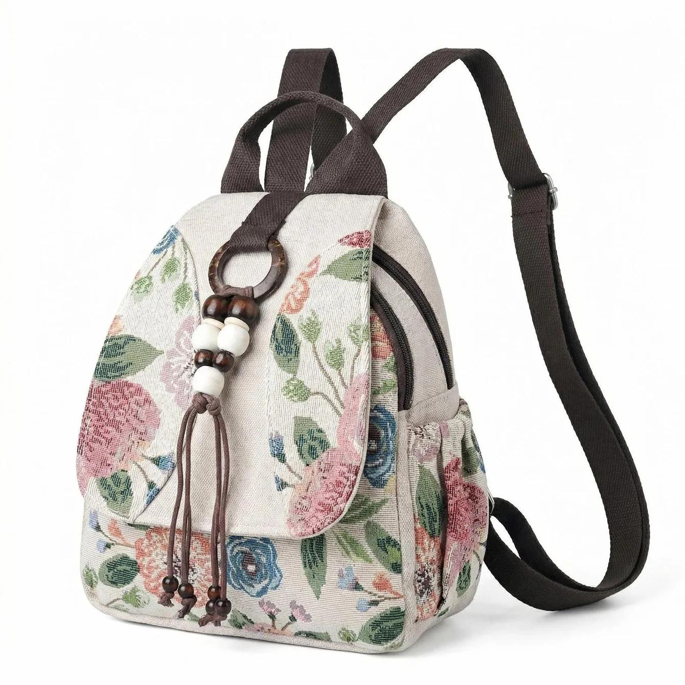 Vintage Floral Tapestry Backpack for Women Bohemian Bead Tassel Canvas Small Daypack Ethnic Style Travel Shoulder Bag