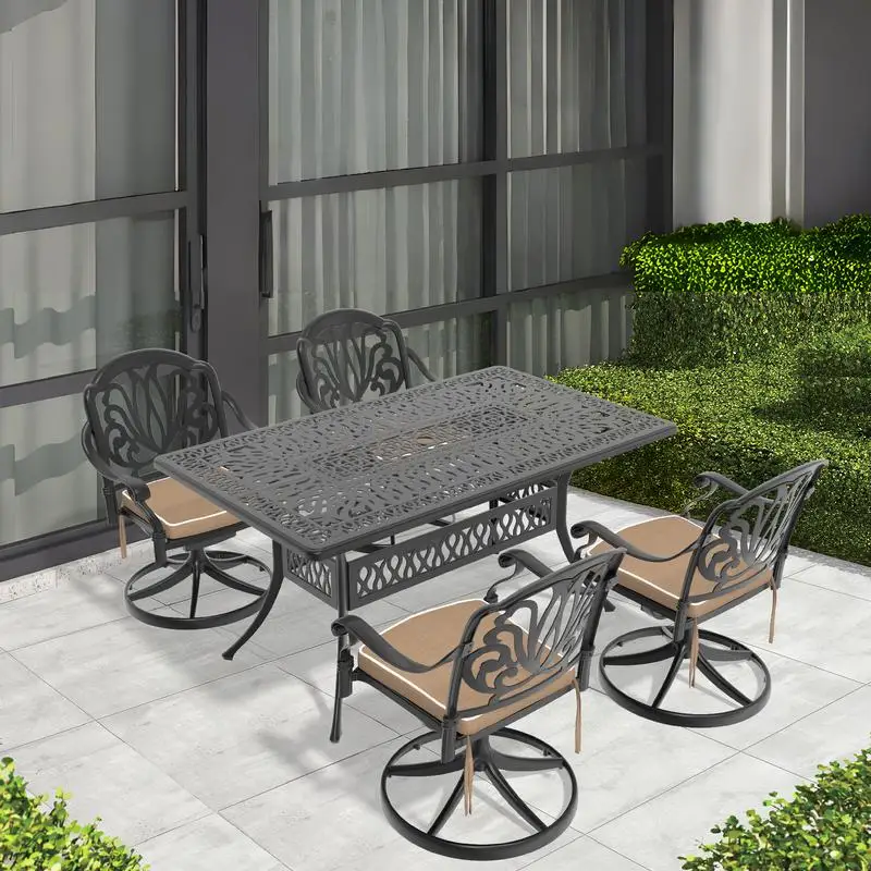 5-Piece Outdoor Cast Aluminum Dining Set with 4 Swivel Chairs and Rectangular Table, Black Frame