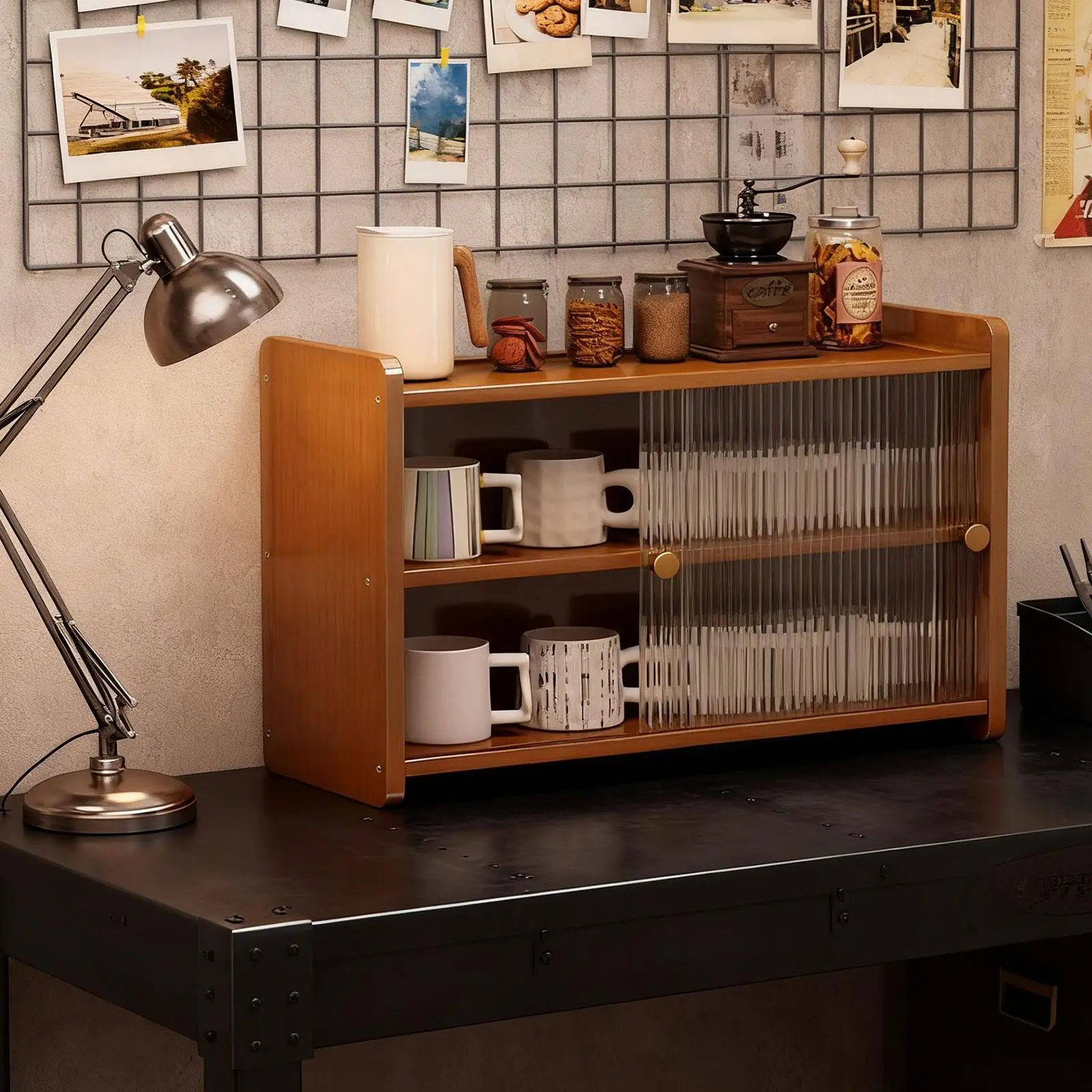 Bamboo Acrylic Countertop Cabinet with Doors Rustic Storage Organizer for Kitchen Furniture Set and Living Room