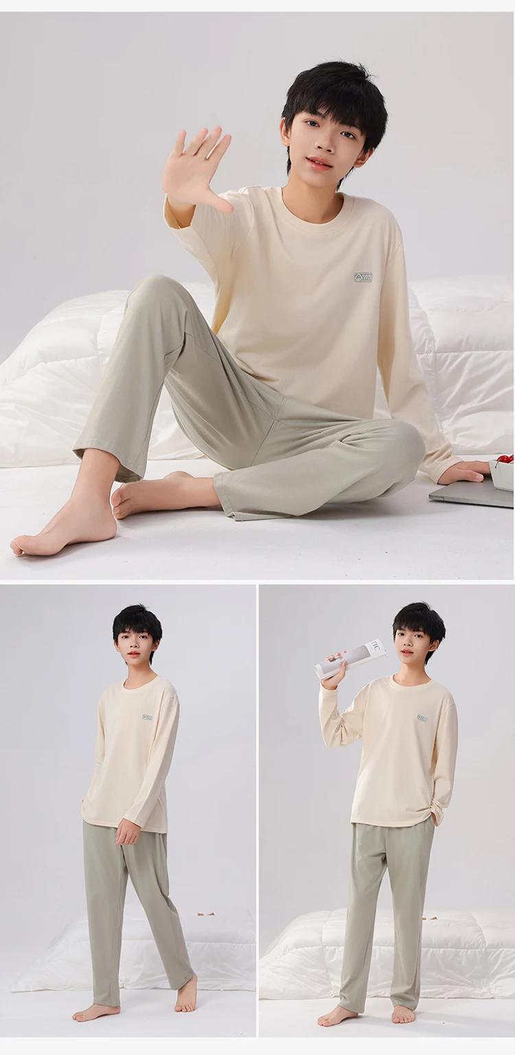 2-teiliges Set Jungen-Loungewear aus reiner Baumwolle, Frühlings- und Herbst-Pyjama für Jungen, bequeme, lockere Passform, lange Ärmel und lange Hose. – Detail 16