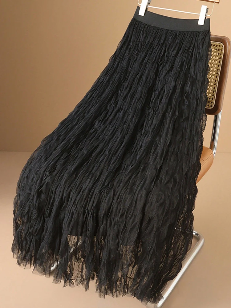 

Stylish A-line Pleated Skirts for Women High Elastic Waist Solid Black Summer Thin Long Skirt Woman Clothing Women's Skirts