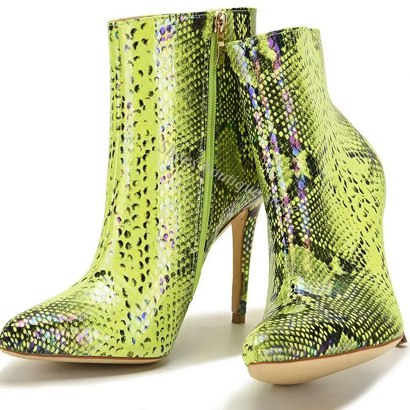 

Sexy Laser Multi Neon Green Red Python Leather Ankle Boots Thin High Heel Pointed Toe Zipper Ankle Boots Woman