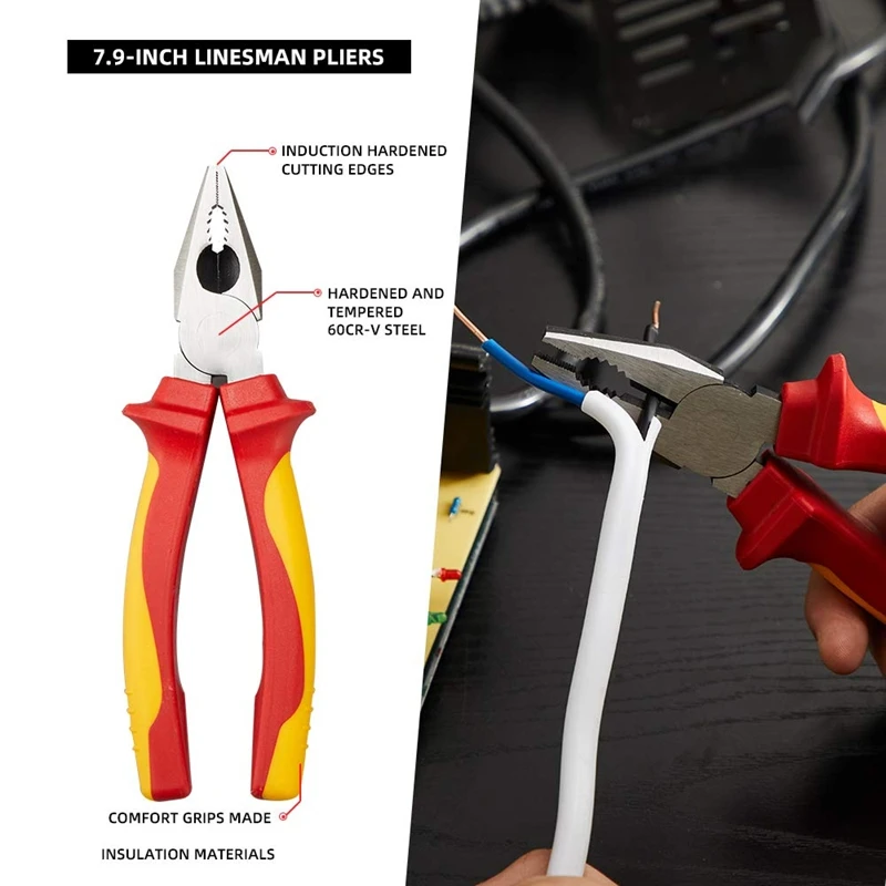 Insulated Pliers Set Yellow-Red Alloy Steel 1000V Insulated Tools Diagonal Cutting Pliers Long Nose Pliers