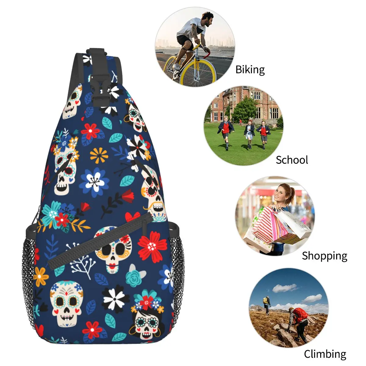 Day Of The Dead Sugar Skulls Small Sling Bags Chest Crossbody Shoulder Backpack Outdoor Sports Daypacks Mexican Festival Bag