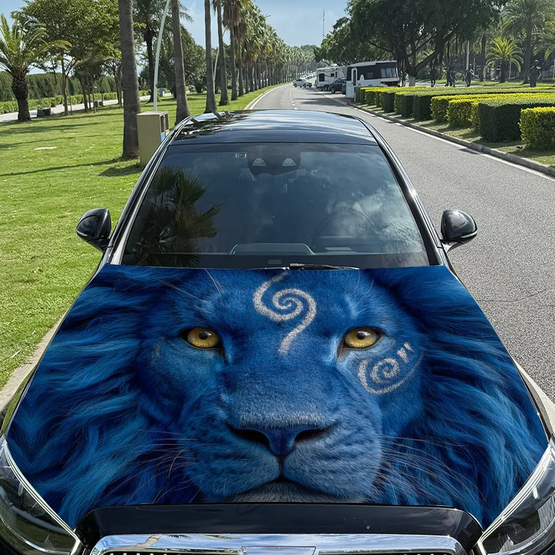 

Enchanted Blue Lion Head Car Vinyl Wrap, PVC Material Waterproof Car Hood Sticker, Self-Adhesive Scratch-Resistant Stickers for