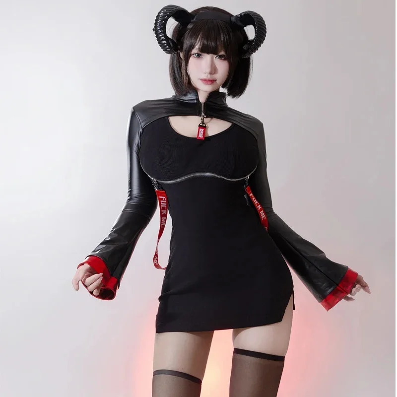 

Black Witch Cosplay Costumes Sexy Zipper Opend Chest Wrap Hip Dress with Horn Headdress Anime Clothes Cyberpunk Costume Women