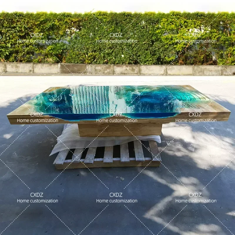 Wood Carving Deep Sea Coffee Table Light Luxury High End Art Special Shaped Rectangular Blue Ocean Transparent Resin Table