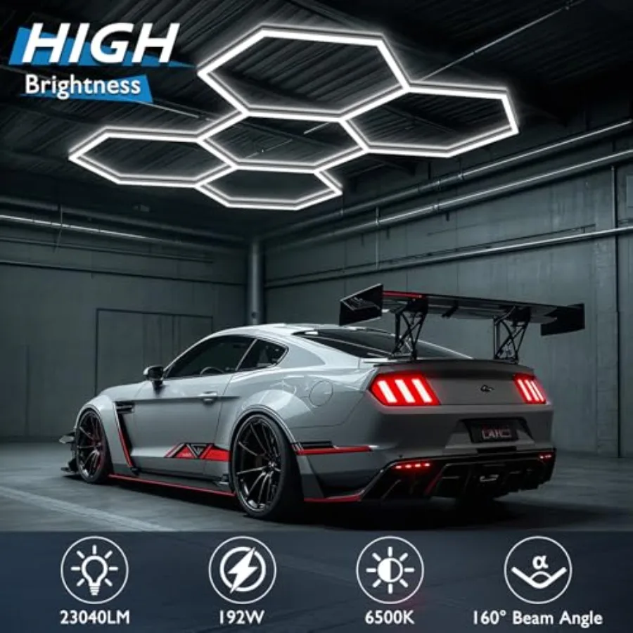 Hexagon Garage Lights, LED Honeycomb Lights Ceiling, 192W, 23040LM, 6500K Super Bright, 5 Grid Systems Car Detailing Light for view 3