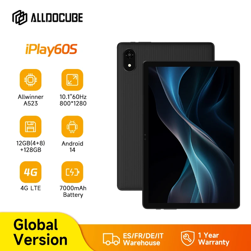 تابلت ALLDOCUBE iPlay60S مقاس 10.1 بوصة 60 هرتز 1280 × 800 شاشة Allwinner A523 12 جيجابايت (4 جيجابايت + 8 جيجابايت افتراضي) ذاكرة الوصول العشوائي 128 جيجابايت وذاكرة قراءة فقط WiFi6 7000 مللي أمبير في الساعة أندرويد 14