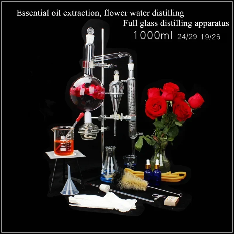 Standard Configuration Full Glass Distilled Water Device For Refining Essential Oil Purification With 1000ml Thicken Flask