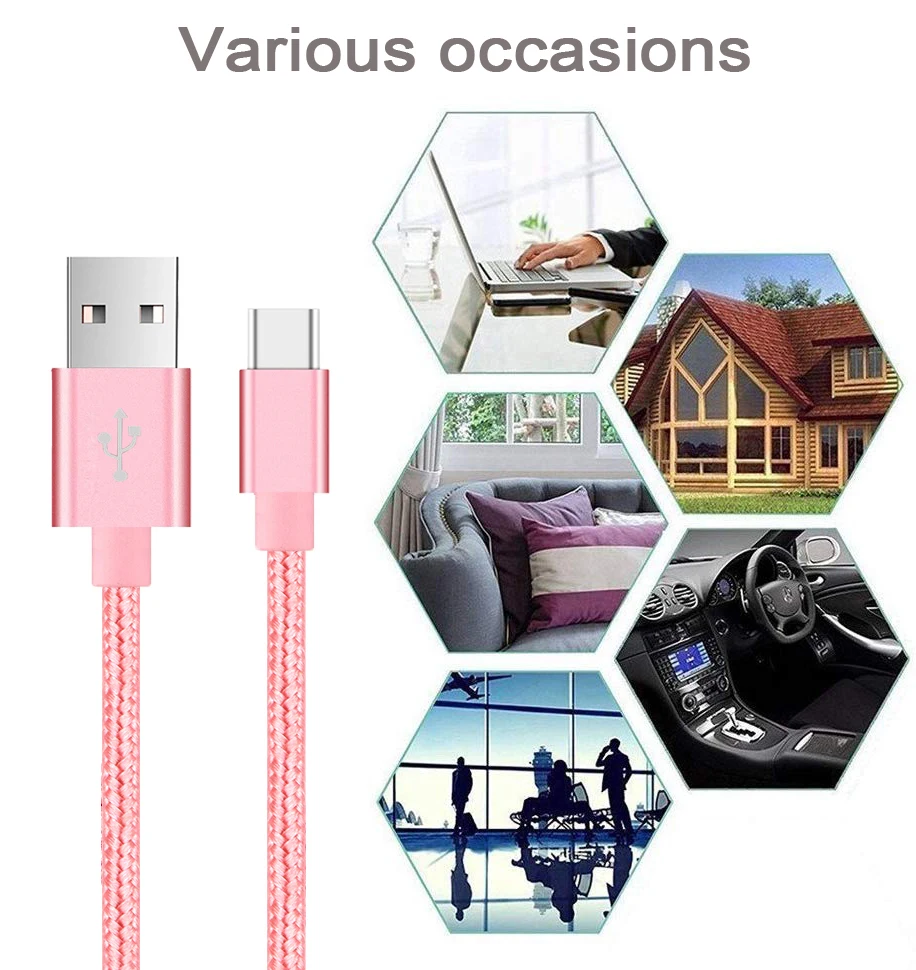 USB Type C Cable Date Sync 2.4A Fast 1M 2M 3M Charging Nylon Braided Wire Charger Cable For Samsung Huawei Android Mobile Phone