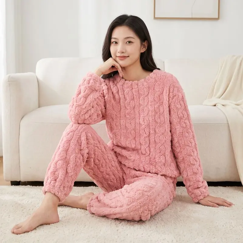 Women's Coral Fleece Loungewear Pajamas for Home, New Autumn and Winter Thickened Fleece Two-Piece Set, Women's Winter Clothing