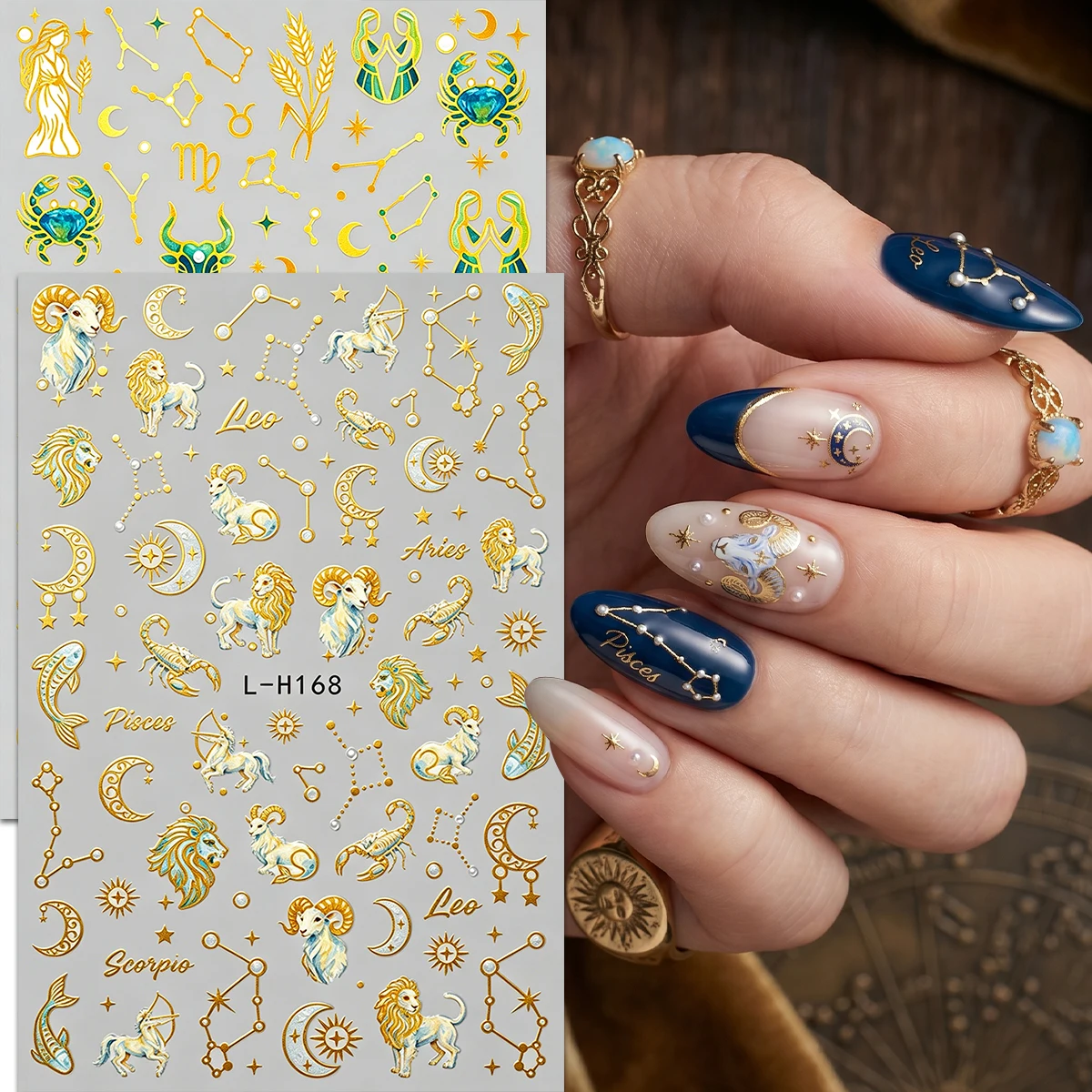 2-Pack 3D Hot Stamping Nail Decoration stickers with Twelve Zodiac Signs and Starry Sky Patterns, Gold Light Luxury Style