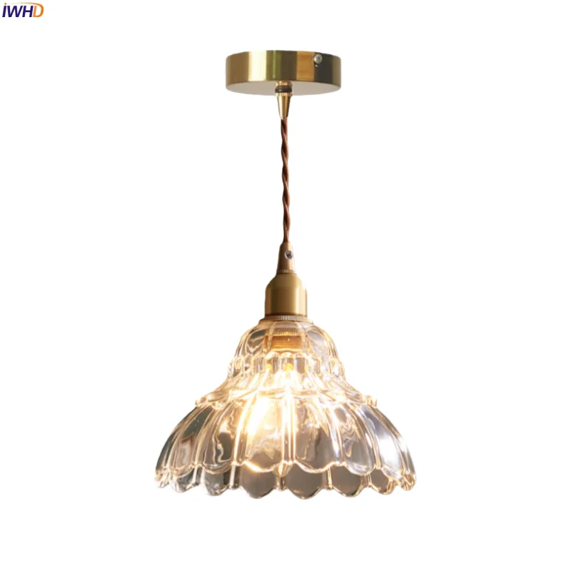 

IWHD Japan Vintage LED Hanging Lamps Bedroom Bathroom Kitchen House Cafe Brass Clear Glass Pendant Light Decoration Hanglampen