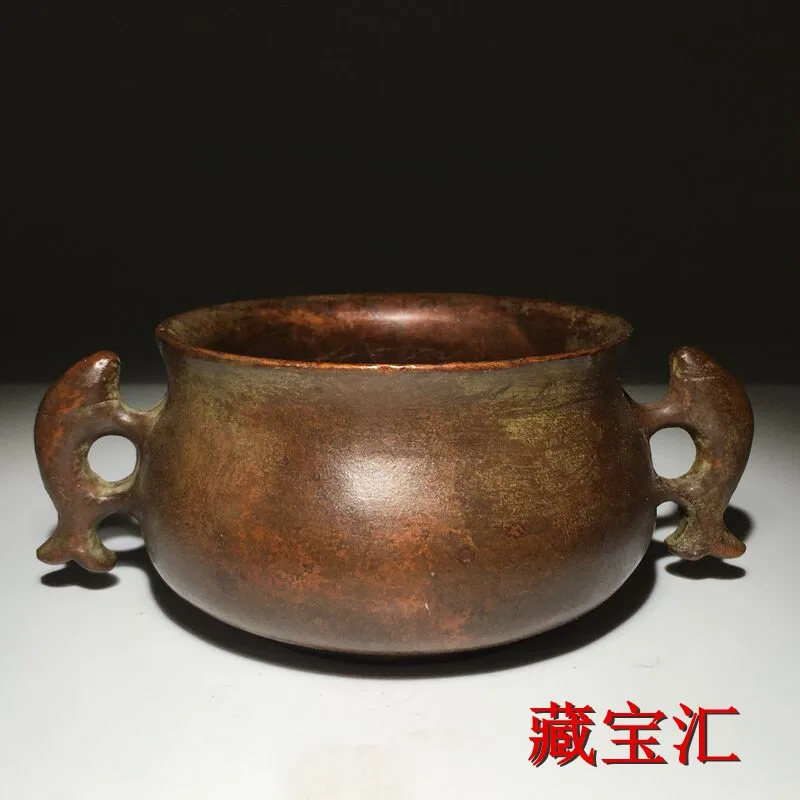Vintage Collectible Old Daming Xuande Double Fish Ears Old Bronze Flat Bottom Incense Burner Nostalgic Antique Censer