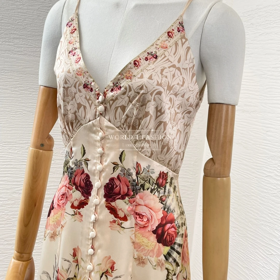 

Pink Floral Print Diamonds Sleeveless Backless Midi Dress 2025 Summer New