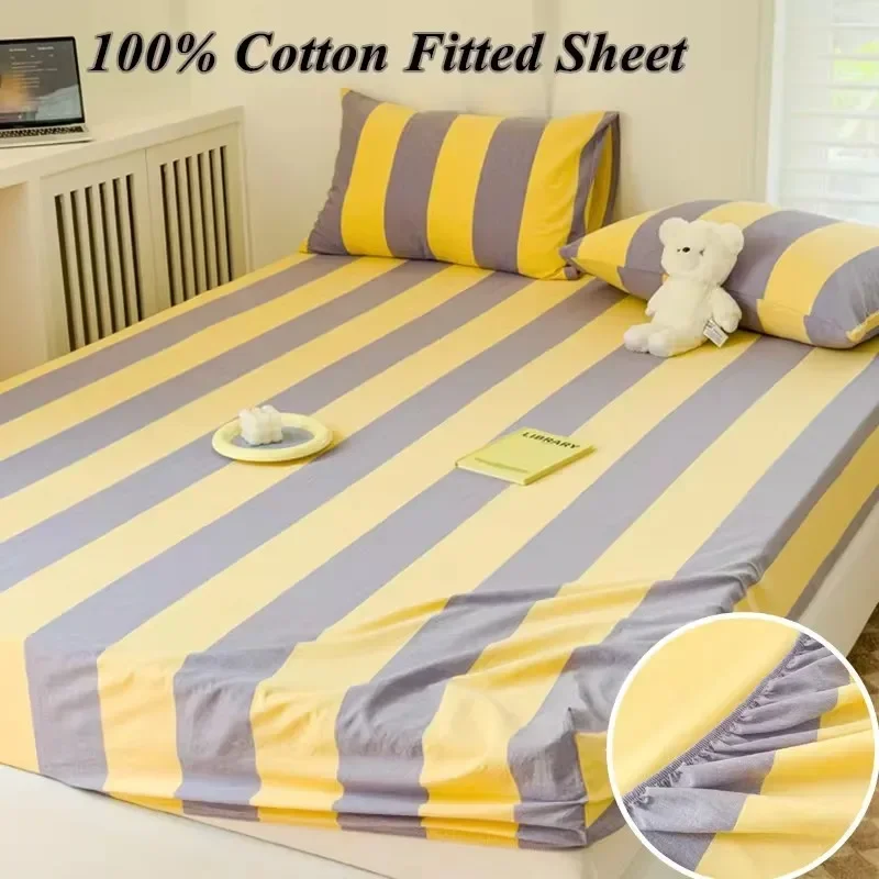 StrawBerry 1pc Stripe Style Fitted Sheet Pure Cotton Bed Cover Skin-friendly Bedsheet Girls Boys Room Mattress Protector sabanas