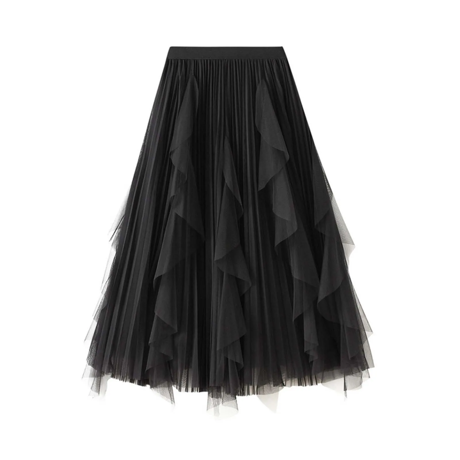 

Women's Trendy Korean Black Pleated Skirt High Waist Ruffle Patchwork Mesh Skirts Mid Length Large Swing Pleated Skirt for Women