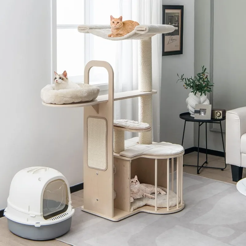 

Tall Cat Tree for Indoor Cats, Multi-Level Cat Tower Activity Center with Hammock, Sisal Scratching Posts & Washable Cushions