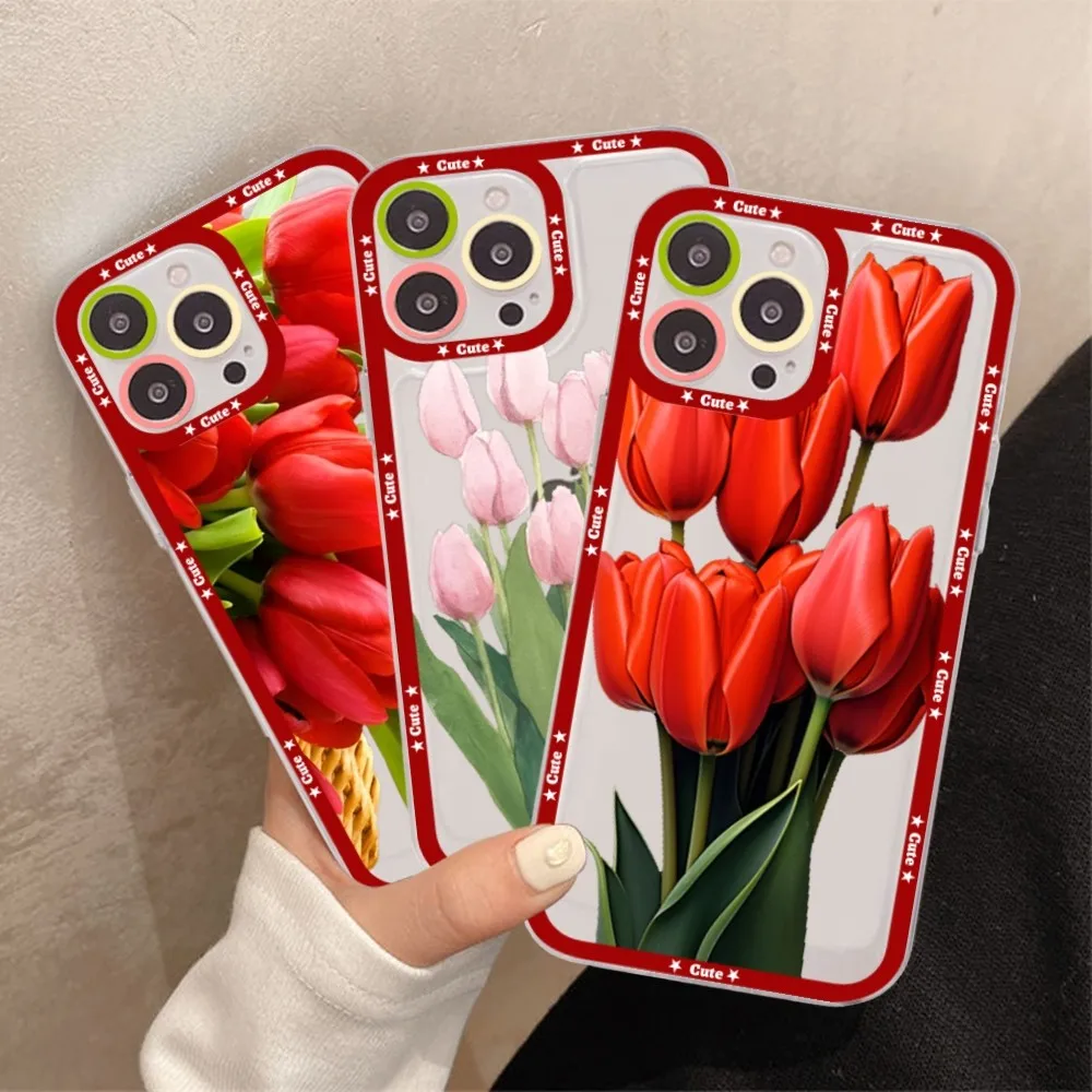 Red poppies tulip rose Phone Case For Samsung S 20 21 22 23 lite plus ultra Clear Mobile Cover Funda