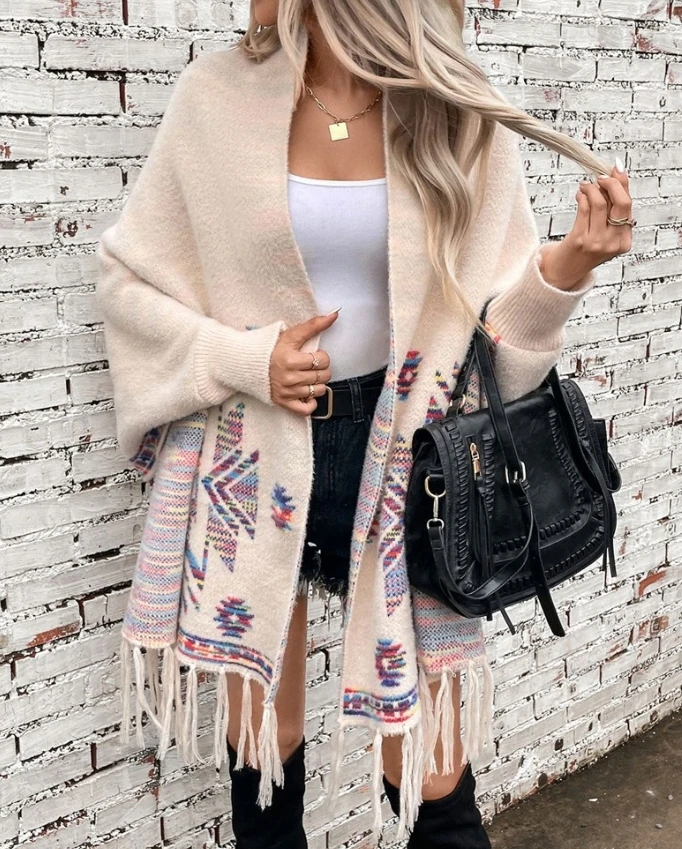 

Open Front and Wraps Knit Cape Pop Aztec Geometric Ethnic Style Tassel Design Cardigan