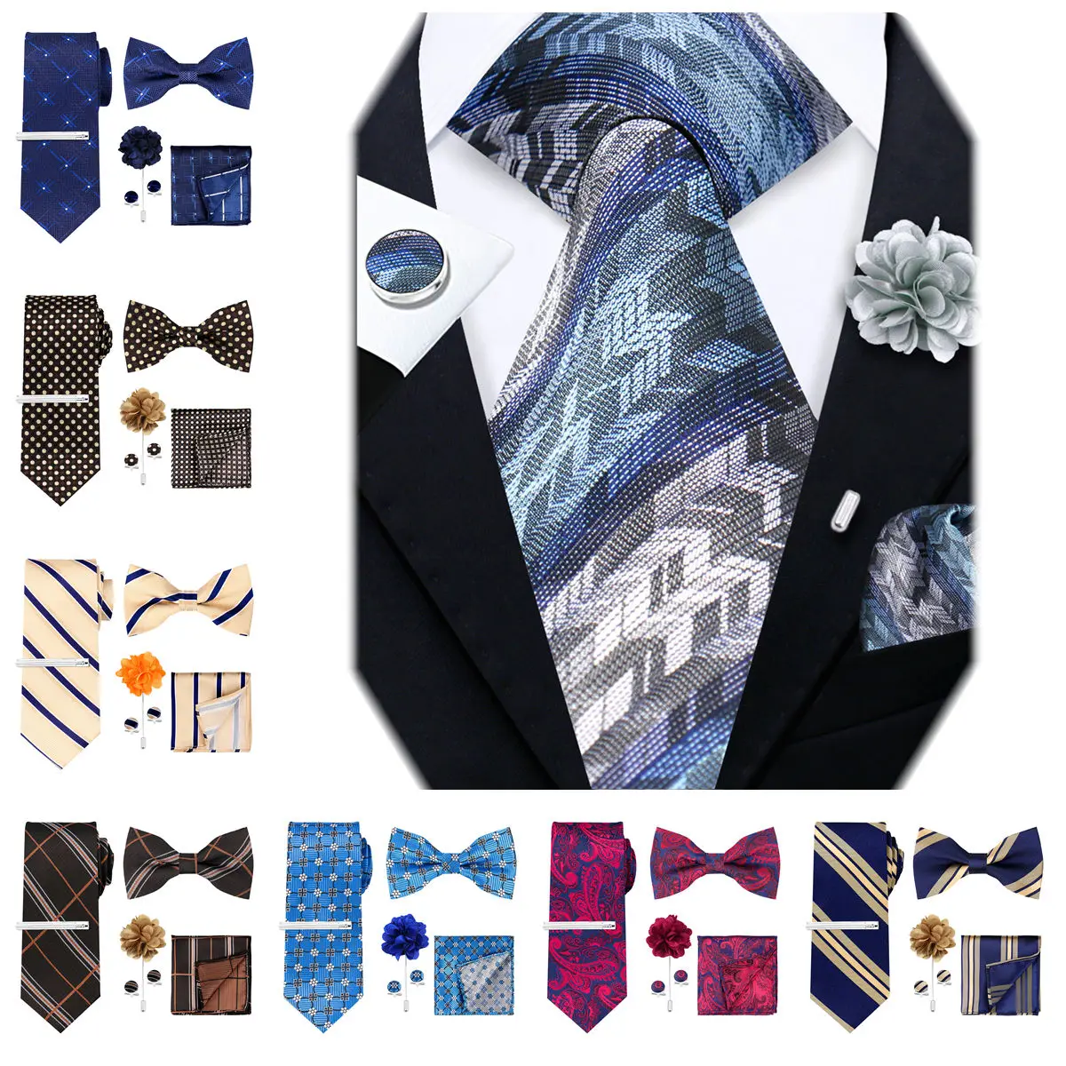 Men Business Tie Set 6 Pcs Tie Bow Tie Pocket Square Cufflinks Tie Clip Brooch Paisley Stripe Wedding Business Formal Accessorie