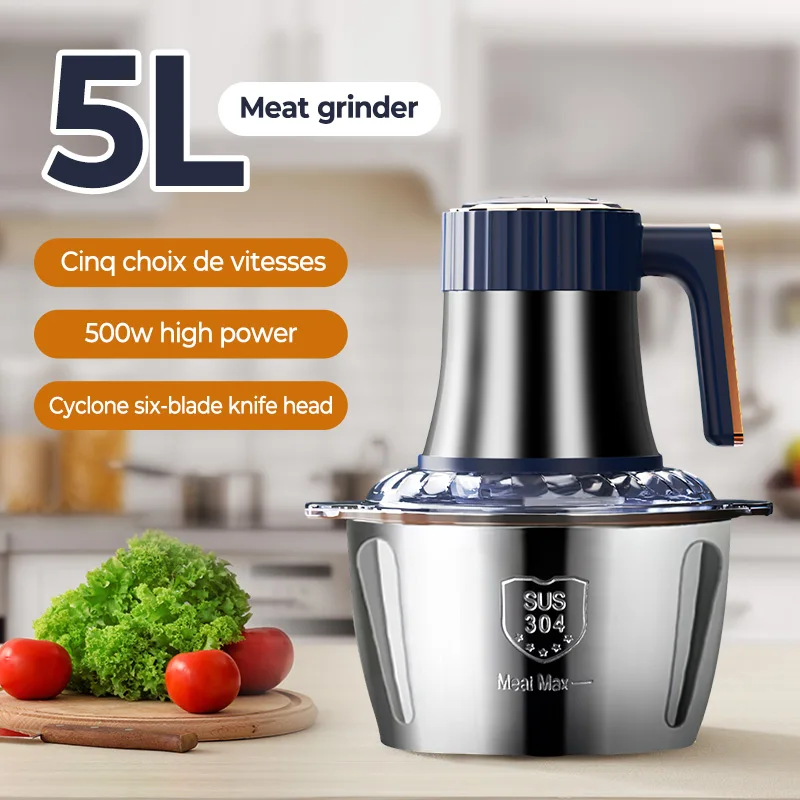 Elektrische Fleischzerkleinerer 5L Lebensmittelzerkleinerer Edelstahl Multifunktionaler Gemüseschneider Prozessor Zerkleinerer Küchenmixer