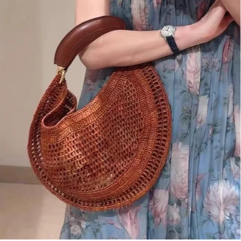 

Luxury Genuine Leather Handle Handbag Fashion Hand-woven Bag Brand Retro Straw Bag Wallet Large Capacity Commuter Underarm Bag