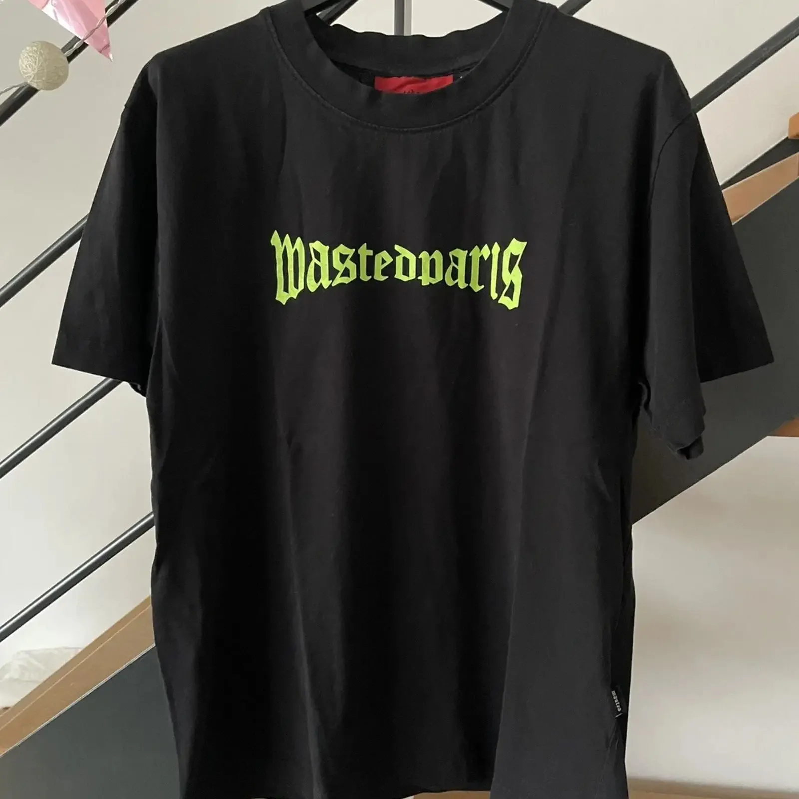 Camiseta Wasted Paris para hombre, negra, estilo vintage, lavada, unisex, con gráfico, elegante, elástica, transpirable, streetwear
