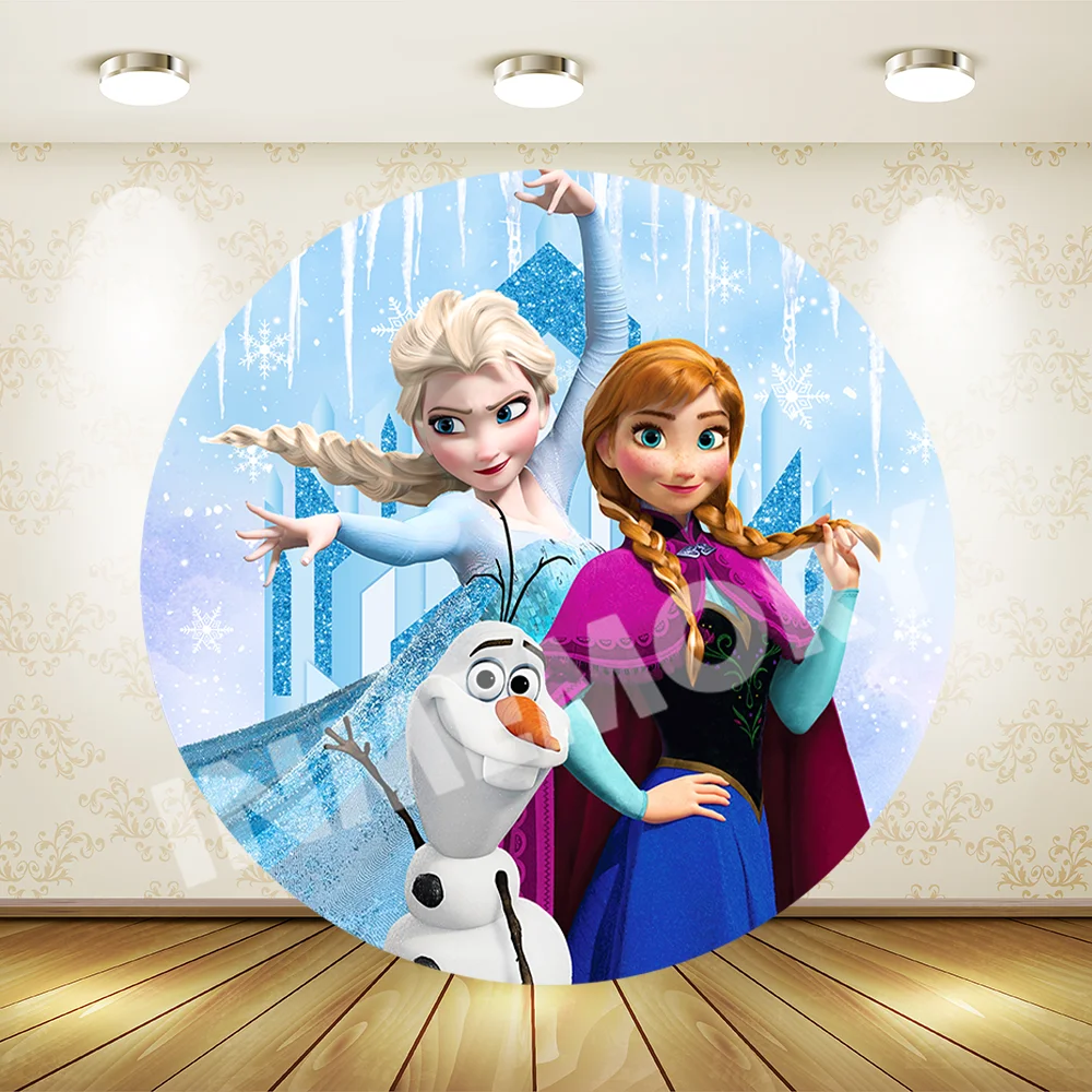 Couverture de toile de fond ronde Disney Anna Elsa, château la reine des neiges, fournitures de fête d'anniversaire pour filles, réception-cadeau pour bébé, couvertures de cylindre de support de gâteau