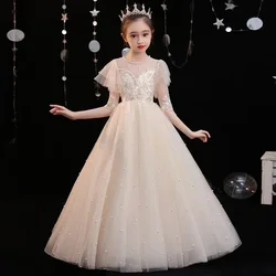 Flower Girl Host's Walk Show Piano Performance Fashionable Fluffy Yarn, Fairy Air, Mid sleeved Children's Dress