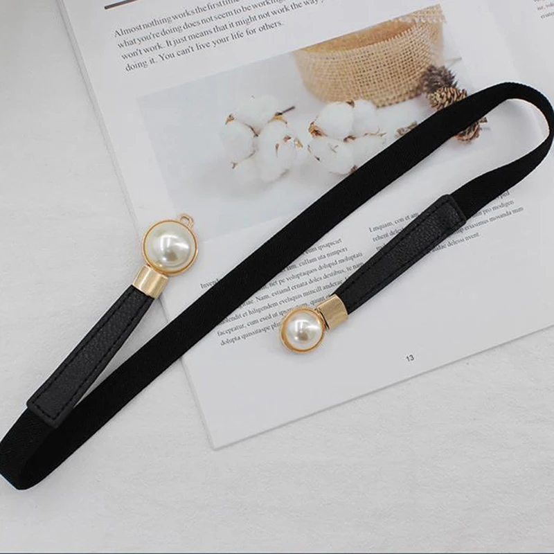 Pearl Buckle Belt PU Leather Dress Skirt Waist Elastic Thin Women Belts Ladies Waistband Accessories